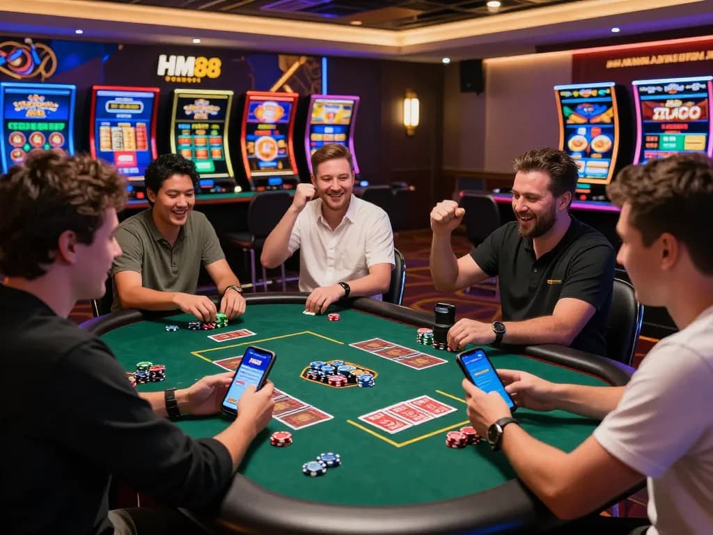 Exciting online gaming experience at HM88 nhà cái uy tín with players enjoying a digital casino atmosphere