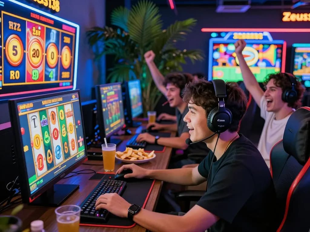 Players enjoying an immersive gaming experience on Zeus138, celebrating wins with vibrant slot graphics.