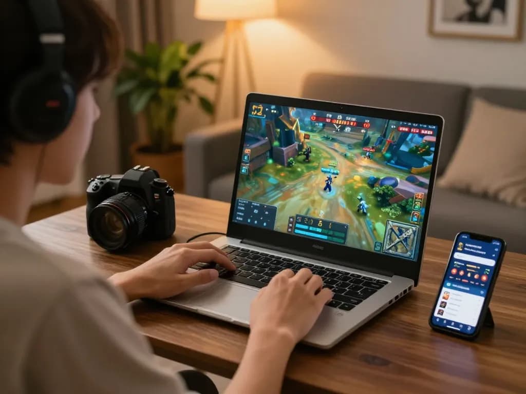 Pemain menikmati pengalaman mendalam di BIOSKOP69 dengan aplikasi taruhan di smartphone mereka dan visual permainan di laptop.