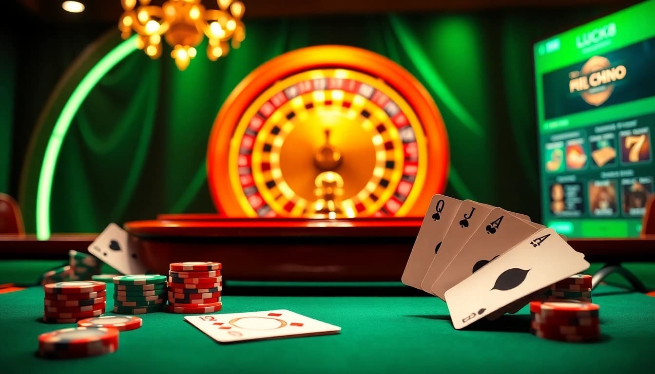 Experience the excitement of online gaming at LUCK8 with poker chips and a roulette wheel.