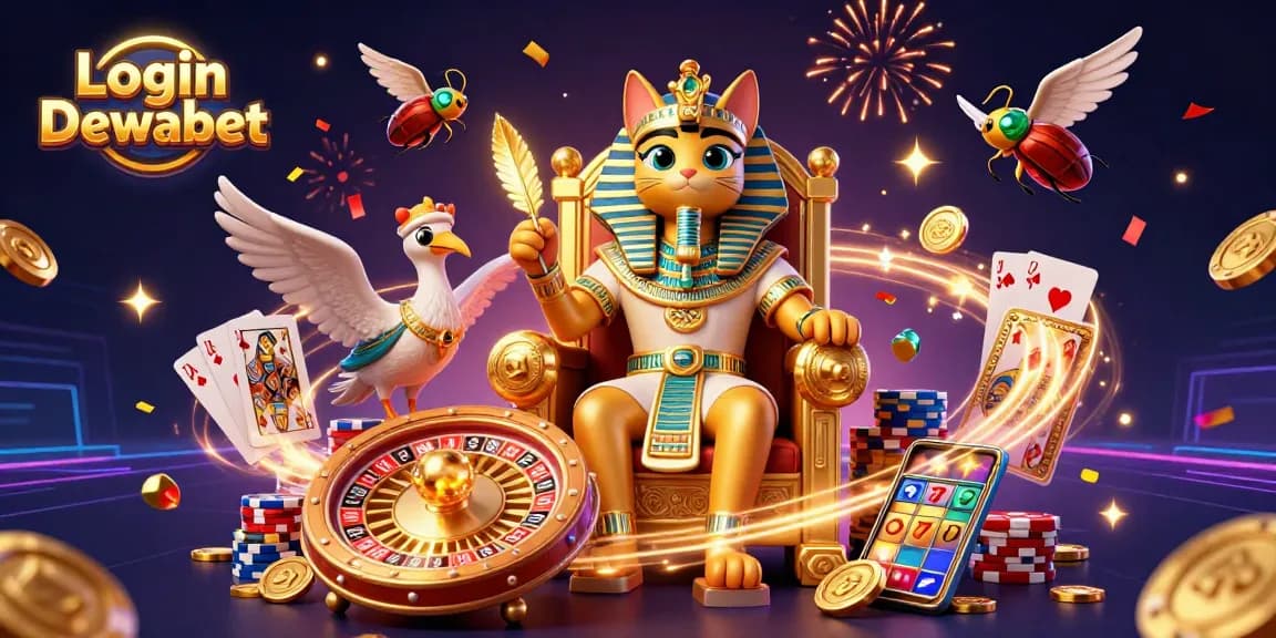 Login Dewabet with an Egyptian pharaoh cat illustration, showcasing vibrant casino elements and festive atmosphere.