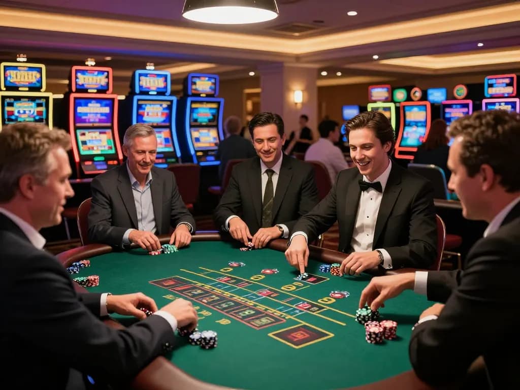 Players enjoying blackjack action at LV88 casino, celebrating wins with vibrant slot machines background.