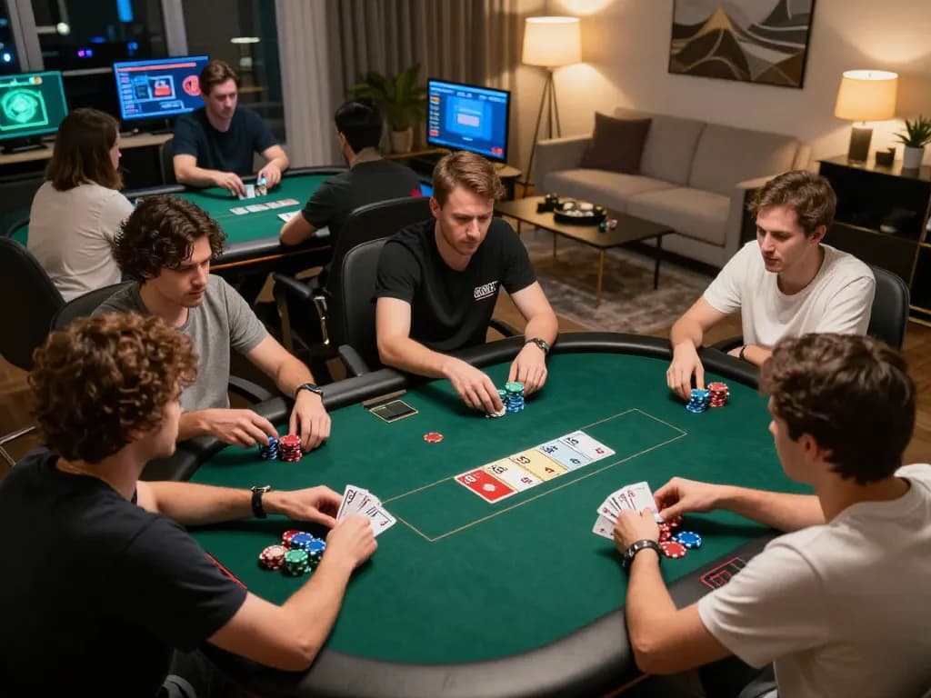 Engaged players strategizing in a lively gi88 online poker game, showcasing personalized home setups.