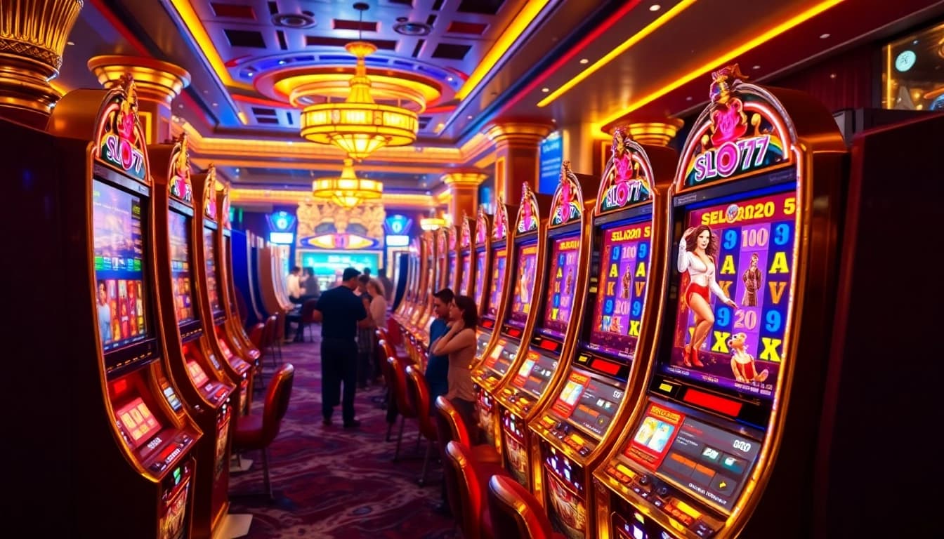 Experience the excitement of slot777 with vibrant slot machines and eager players in a luxurious casino setting.