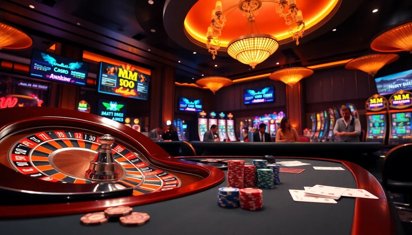 Experience thrilling action at MM OO casino with illuminated roulette wheel and vibrant poker chips.