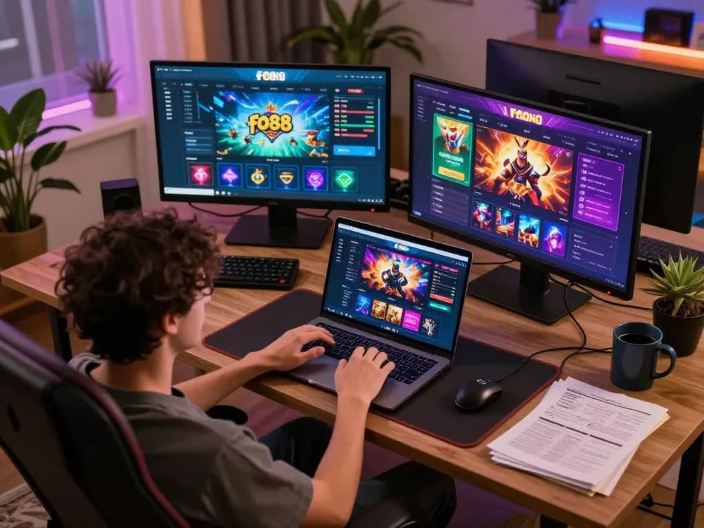 Player engaging with fo88 online casino on laptop, showcasing vibrant gaming interface and cozy atmosphere.