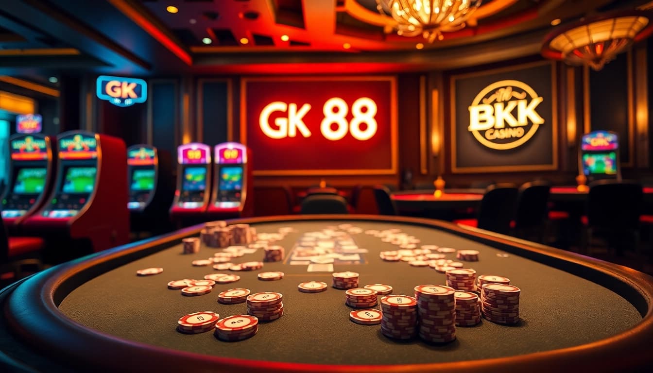 Experience the excitement of GK 88 at a luxurious poker table in a vibrant casino setting.