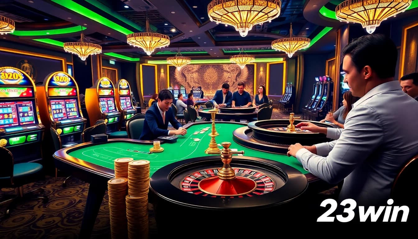 Players enjoy an exciting game of poker at 23win's luxurious casino, surrounded by vibrant slot machines.