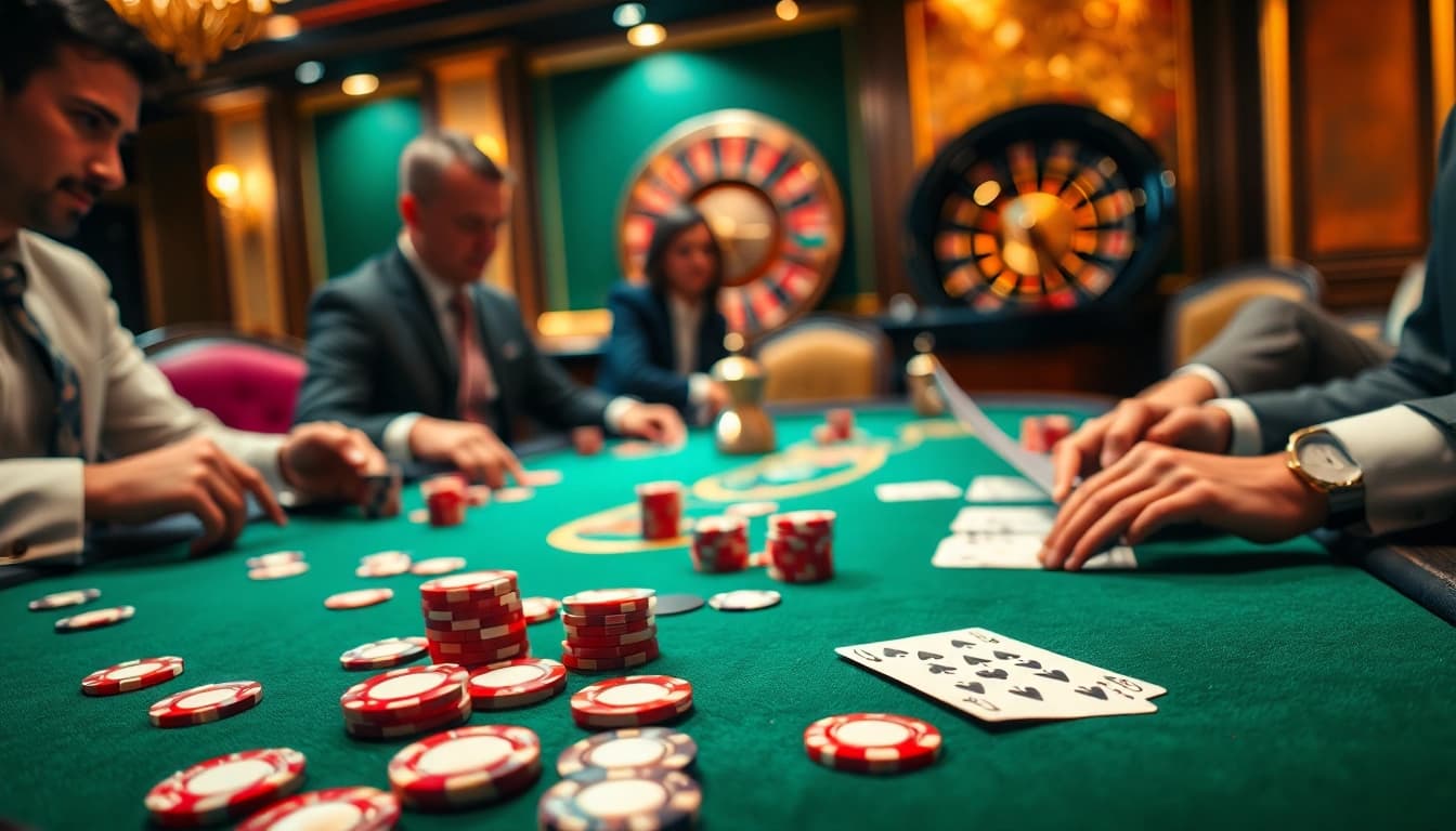 Professional poker action at Daga casino table with vibrant chips and high-value cards.