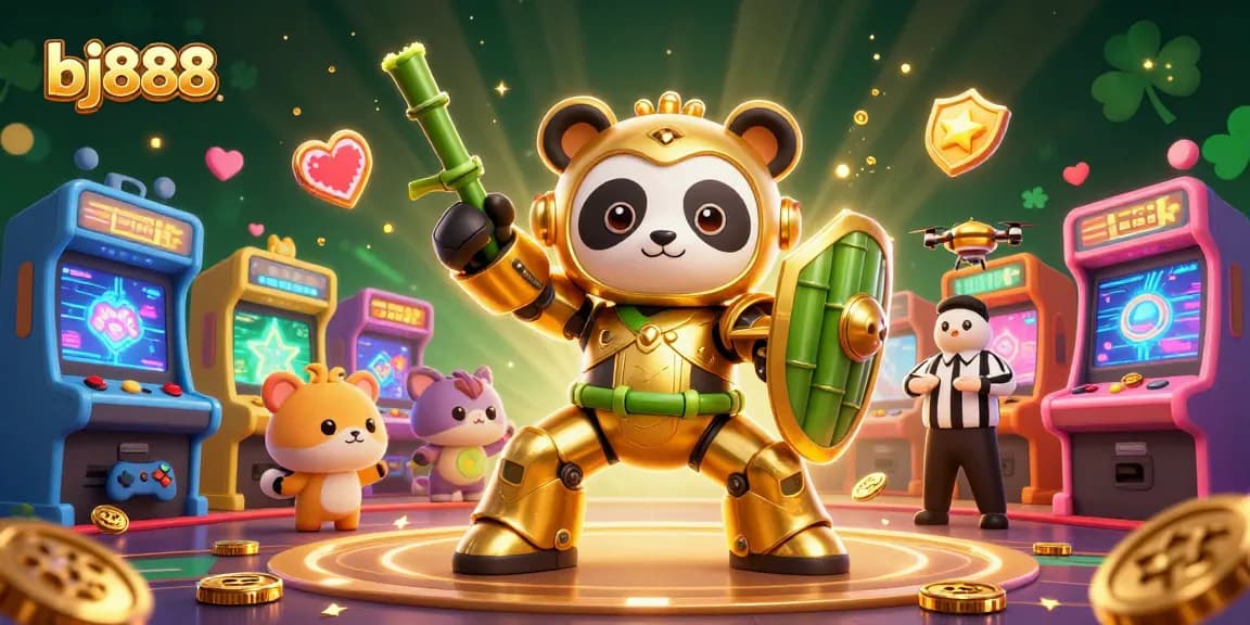 Join the action at bj888 as a golden panda fights in a vibrant casino arena filled with games.