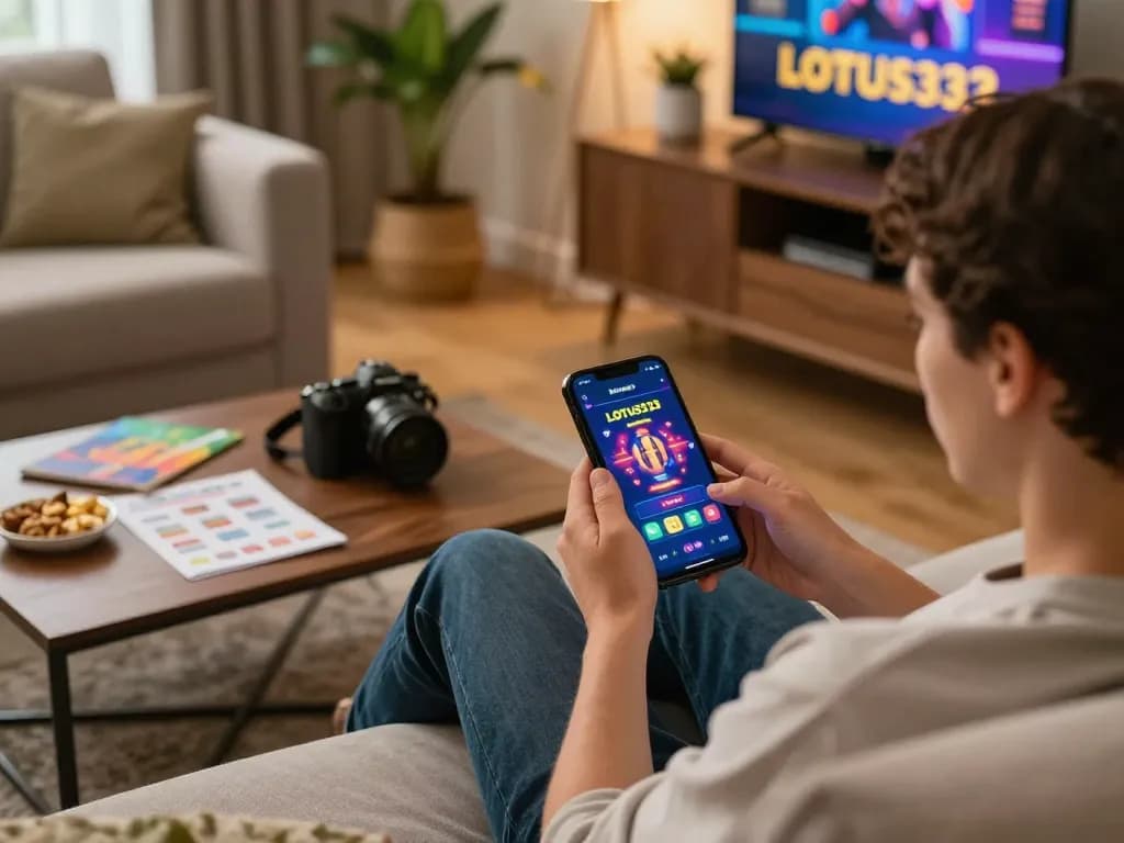 Engaging with the LOTUS333 app on mobile, showcasing an inviting home gaming environment.