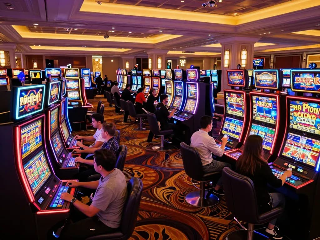 Kp88 players enjoying vibrant slot machines in a luxurious casino environment.