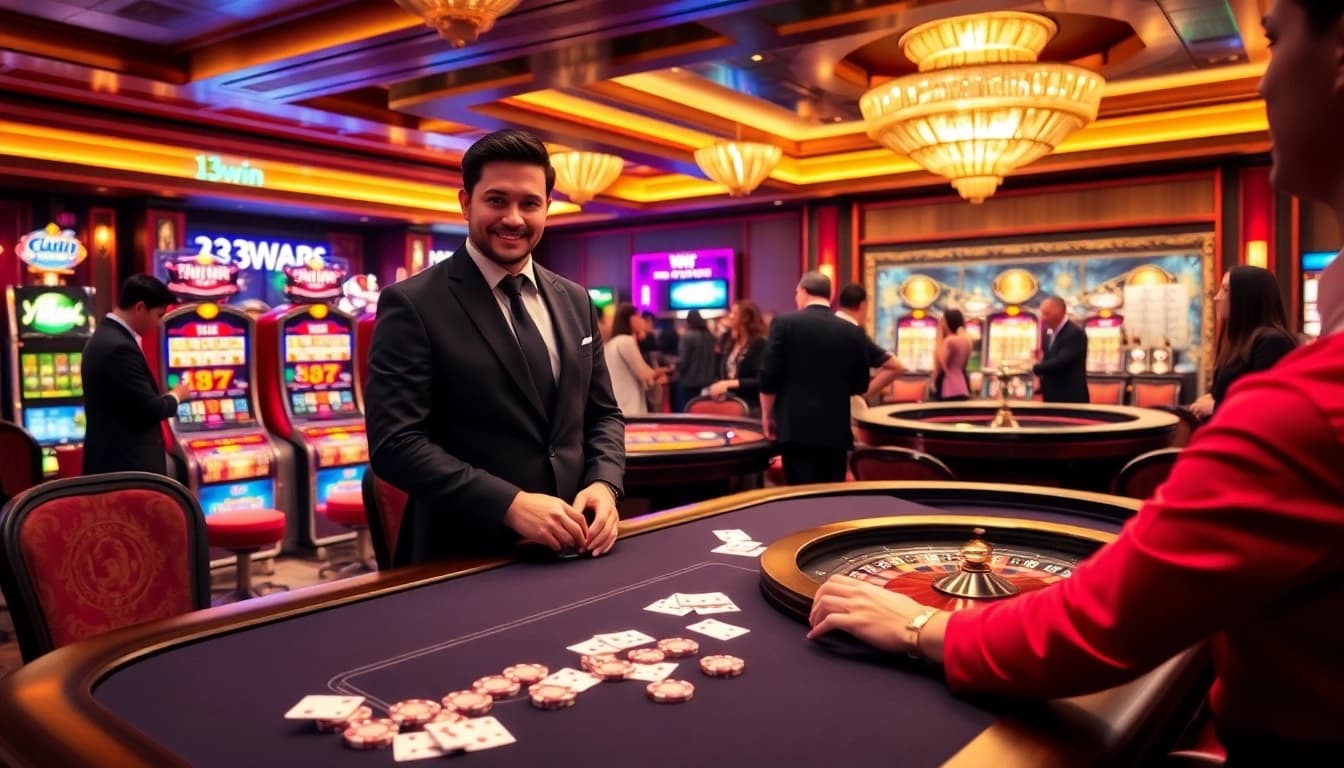 Experience the thrill of gambling at 13win's luxurious poker table with vibrant chips and cards.