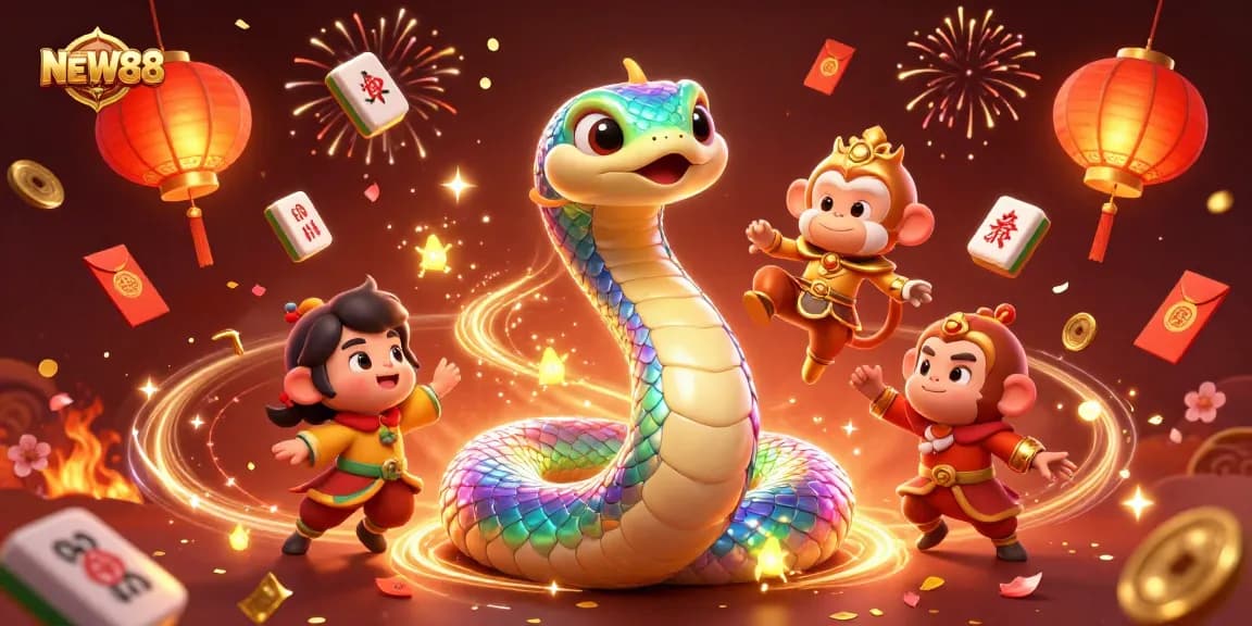 Engage in the mesmerizing world of NEW88's vibrant casino games with dazzling golden accents and animated characters.