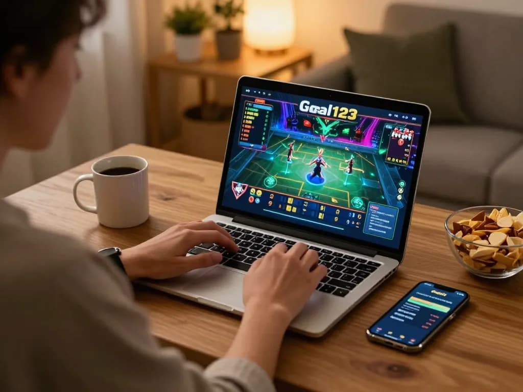 Engaging in online gambling with đăng nhập goal123 on a laptop, showcasing a cozy home office atmosphere.
