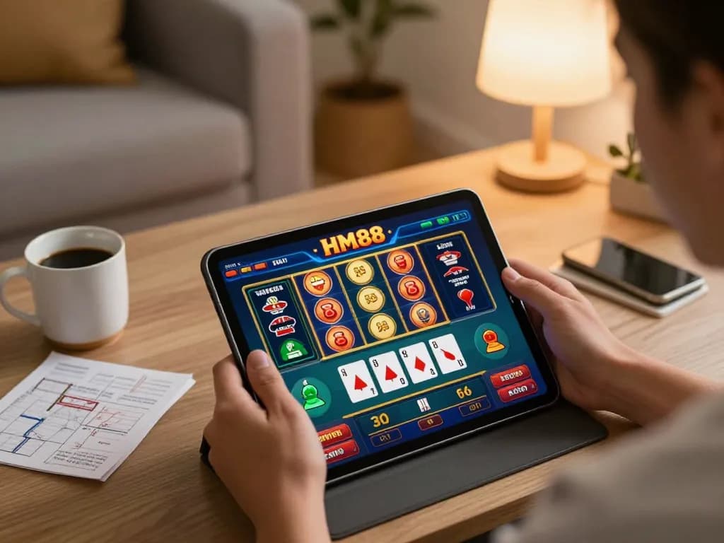 Engaging with HM88 online casino gameplay on a tablet in a cozy home setting.