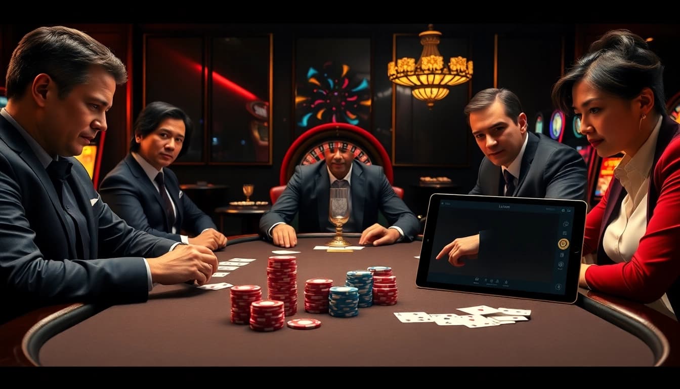 Engage in thrilling poker at https://lu88bb.com/ with experienced players enjoying a luxurious casino atmosphere.