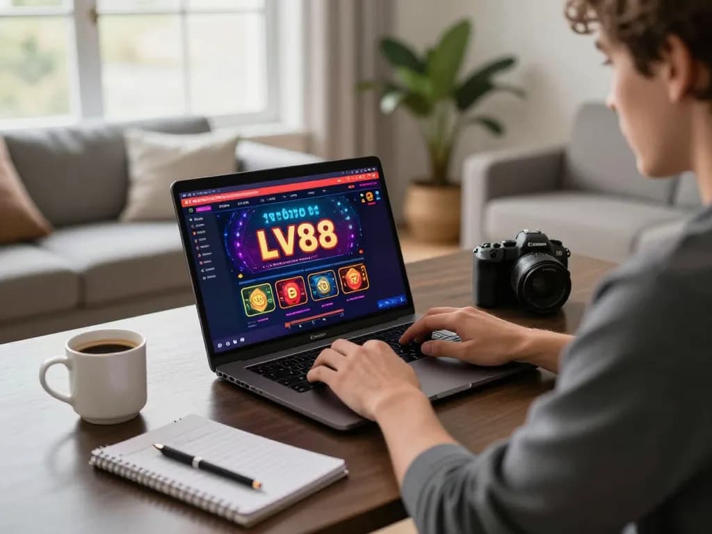 Engaged player exploring LV88 online casino on laptop in a cozy home office.