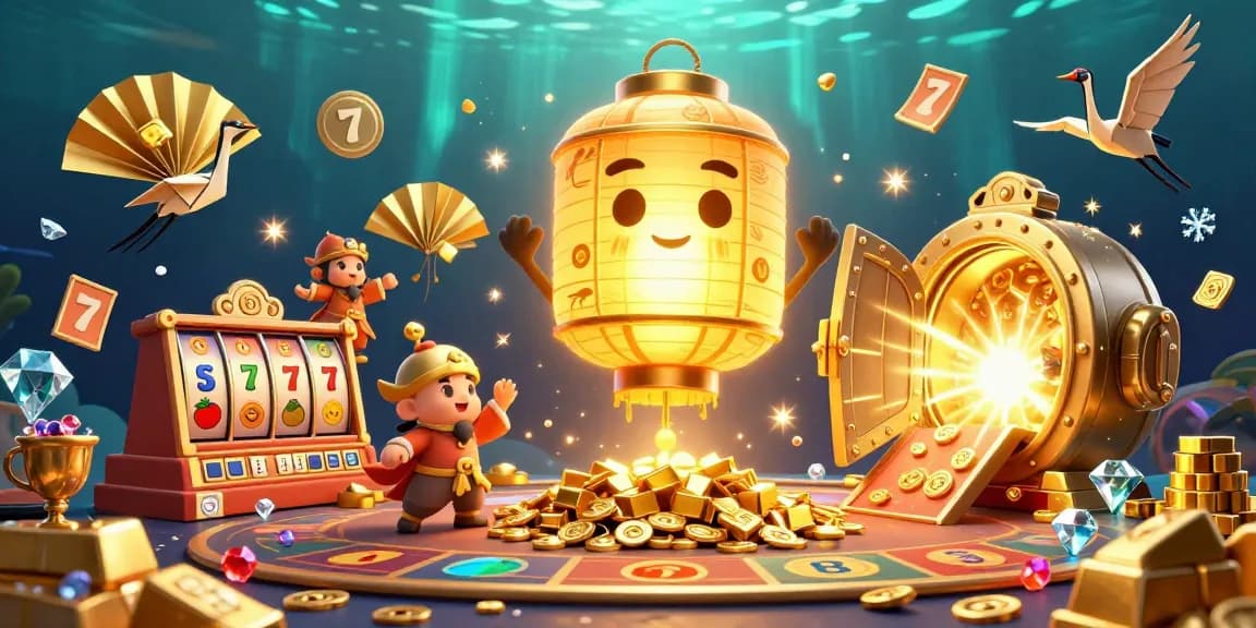 Experience the excitement of 555win trang chủ with a vibrant casino scene showcasing golden lantern spirits and slot elements.