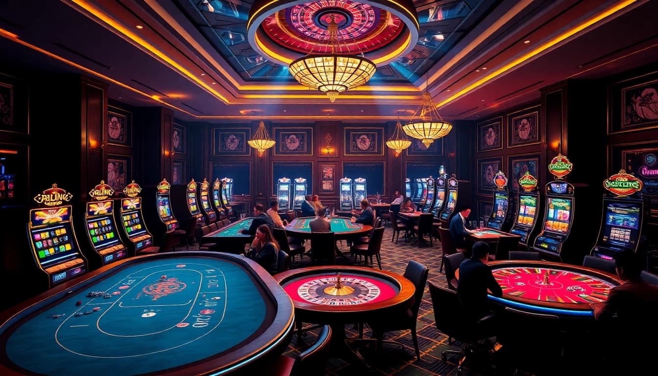 Feel the excitement of RR88 as players engage in thrilling casino games, surrounded by vibrant slot machines.