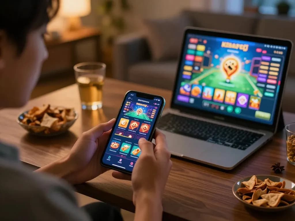Engaging mobile gaming experience with kdslot app during a relaxed home setting.