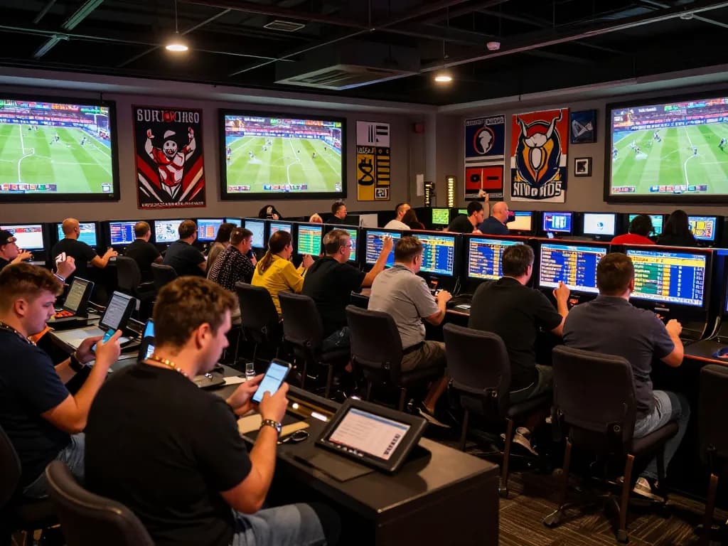 Tỷ lệ kèo nhà cái 5 displayed on electronic boards in a bustling sports betting arena