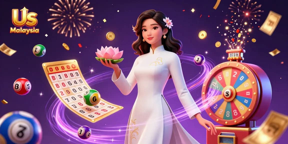 Experience the excitement of Us Casino Malaysia with colorful elements including lottery balls and prizes in a vibrant digital illustration.