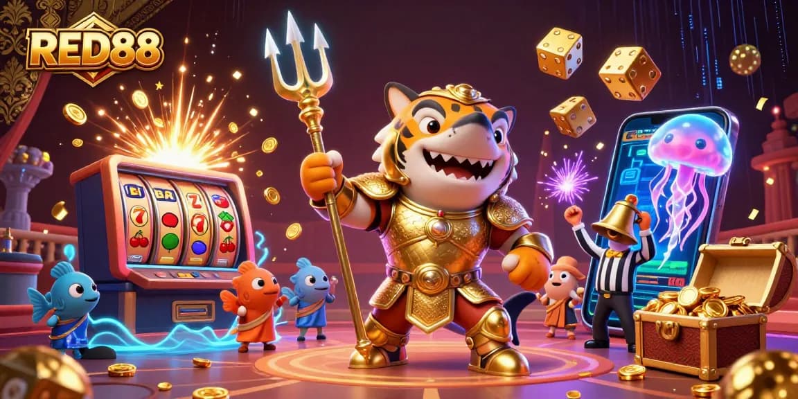 Spin for jackpots with RED88's dynamic underwater casino featuring a tiger shark hero.