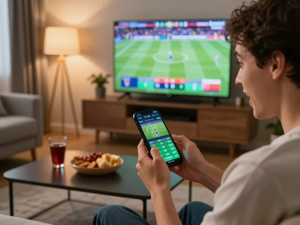Betting excitement on go8 com app with live sports in background.