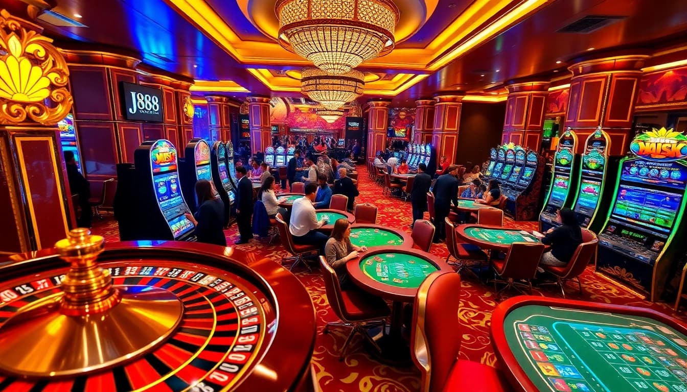 Engage with J88's vibrant casino scene featuring roulette and slot machines.