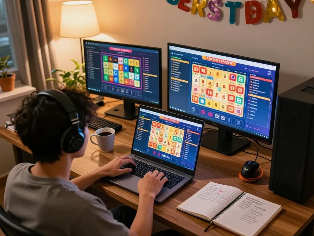 gaming situs togel di laptop dalam pengaturan rumah yang berwarna-warni, menyoroti permainan strategis.