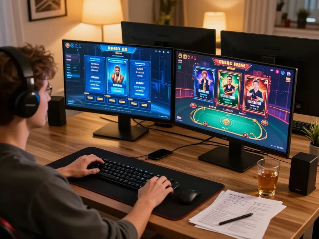 Pemain yang terlibat sedang merencanakan strategi di slot dan poker Gsc108 dalam pengaturan rumah modern, menunjukkan permainan online.