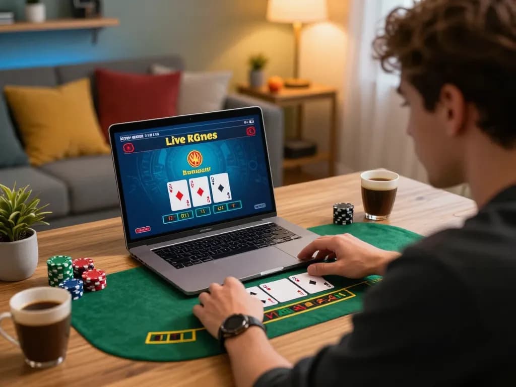 Engaging home gaming setup showcasing TG7777 live dealer blackjack with stylish player and ambient light.