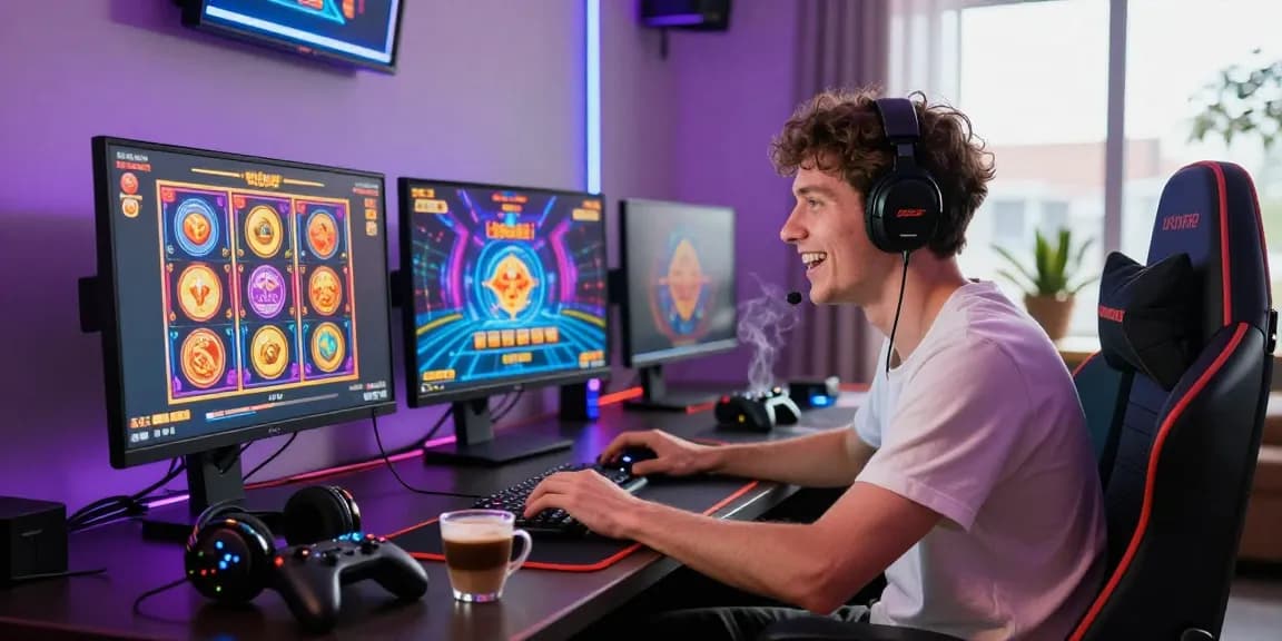 Excited player engaging with the best new online casinos on multiple screens, vibrant gaming setup.
