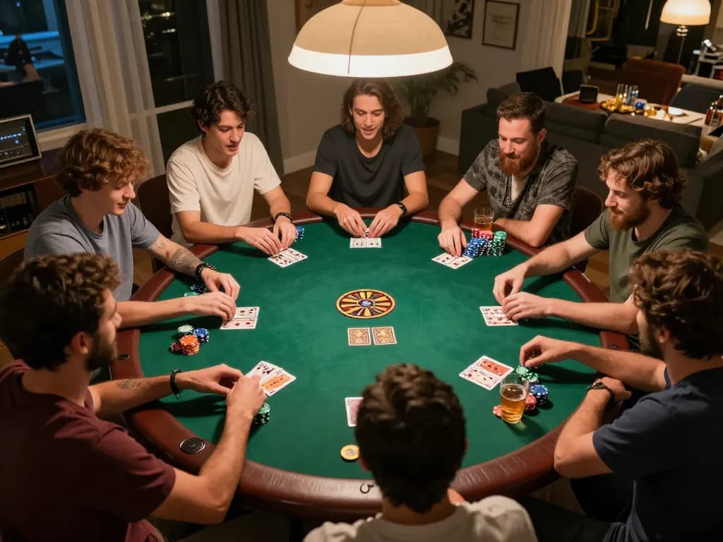 Friends enjoying a home poker night at say88, surrounded by vibrant atmosphere and competitive energy.
