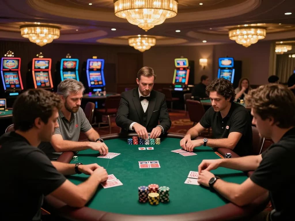 Players strategizing at a poker table in MMOO casino, showcasing competitive gameplay.