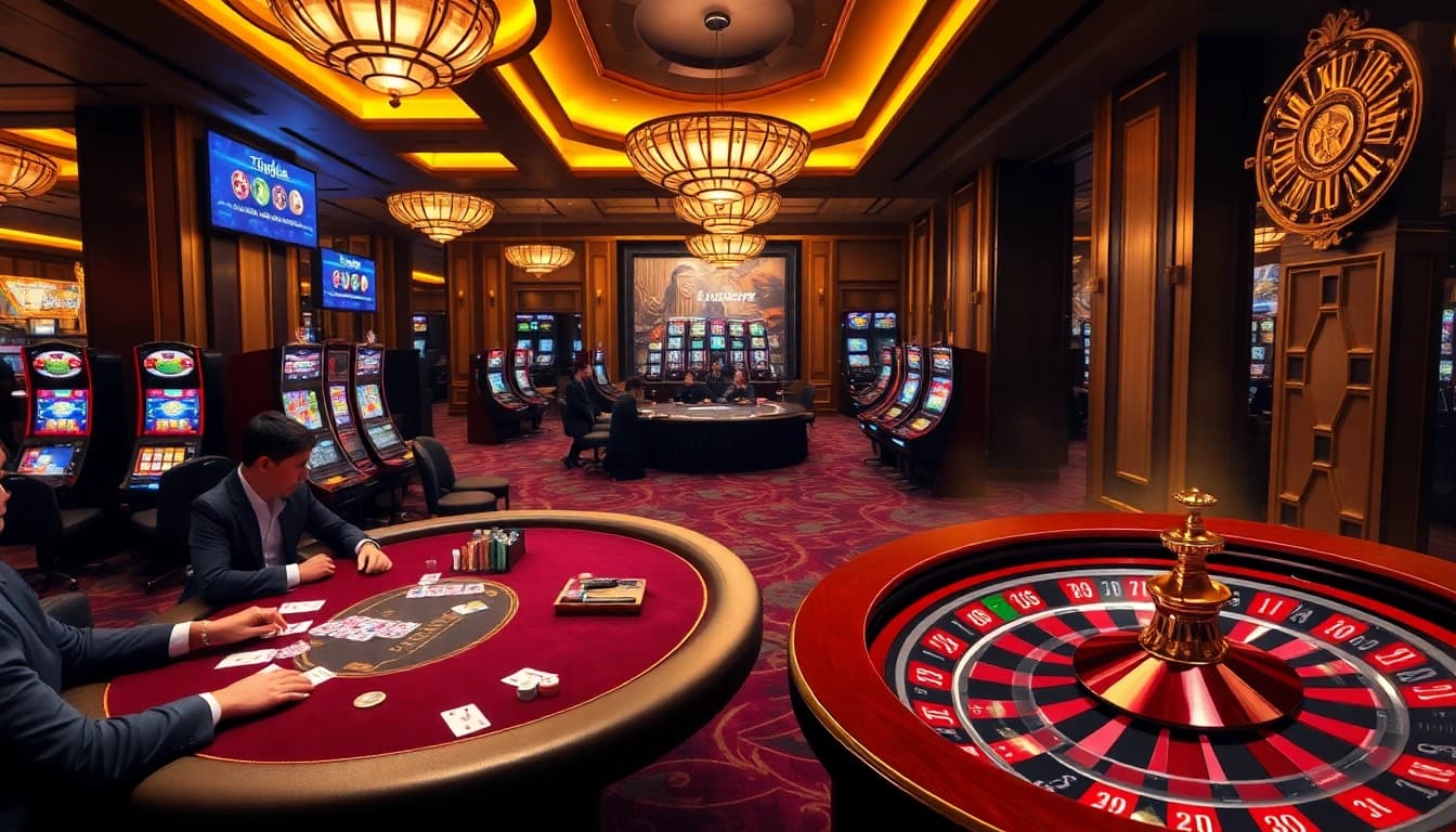 Experience the excitement of Typhu88 in a luxurious casino setup with poker tables and vibrant slot machines.