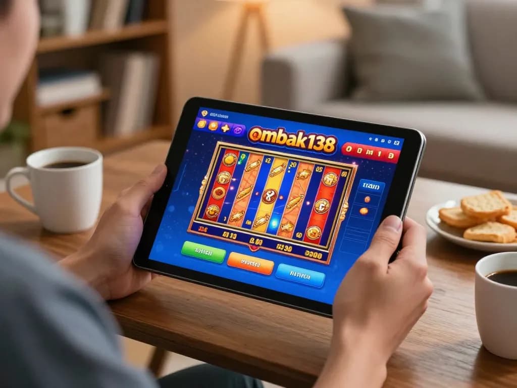 Menggunakan ombak138 permainan online di tablet dalam pengaturan ruang tamu yang nyaman dengan pencahayaan ambient