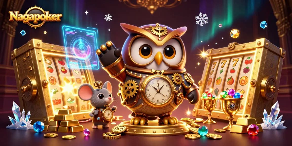 Nagapoker showcases a lively casino scene with a time-traveler owl and treasures, symbolizing winning strategies.