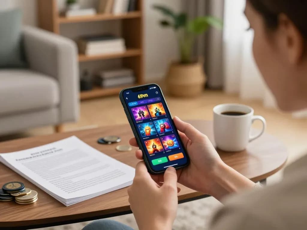 Player engaging with 69vn casino app on smartphone, set in a cozy home environment