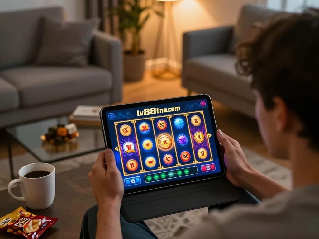 Engaging gaming session on lv88cha.com showcasing colorful slot graphics in a cozy living room.