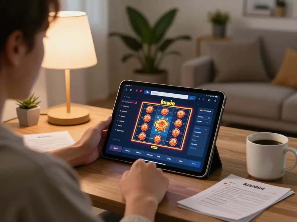 Kuwin app showcases dynamic slot gameplay on a tablet during cozy home gaming session