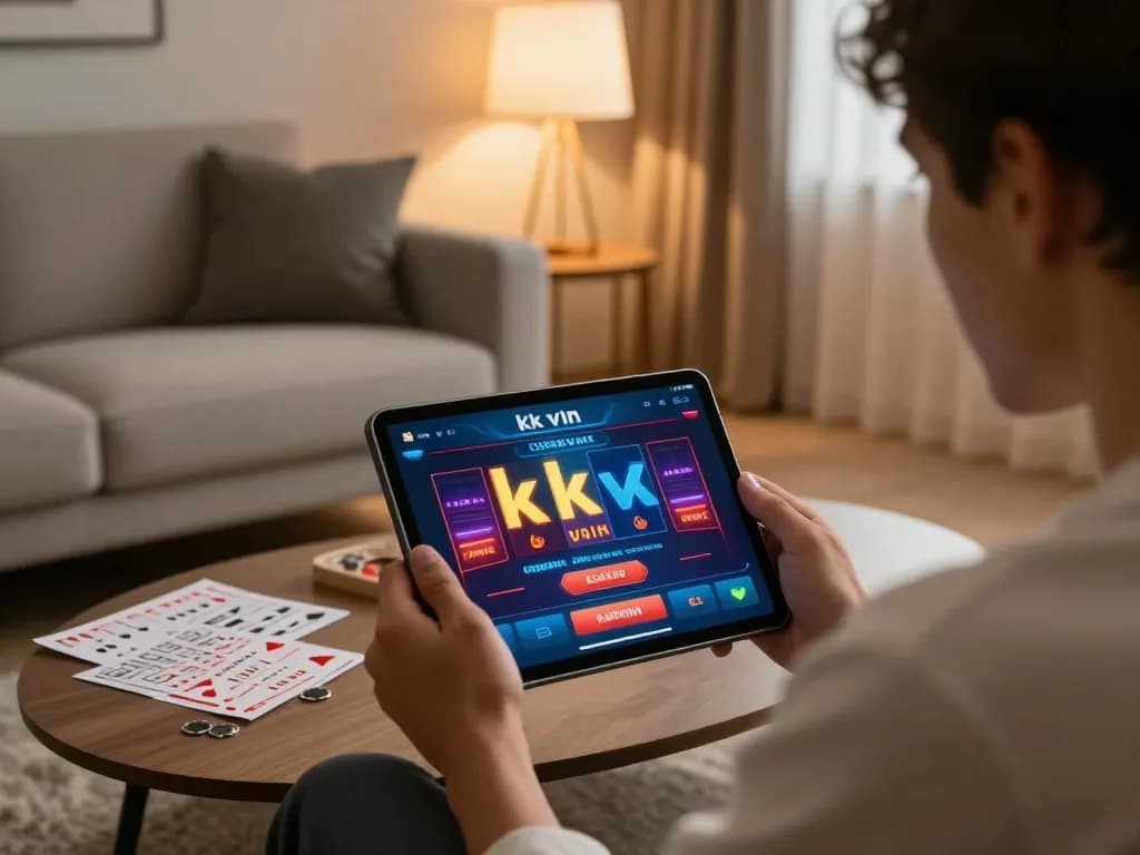 Engaging in dynamic online gaming with the kk vin casino app on a tablet, reflecting a sophisticated home atmosphere.