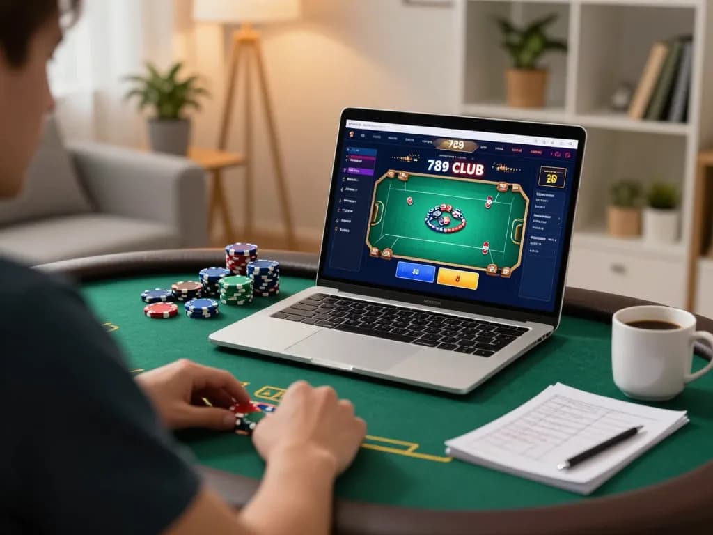 Engaging online poker gameplay on 789 CLUB interface with chips and strategy notes at home