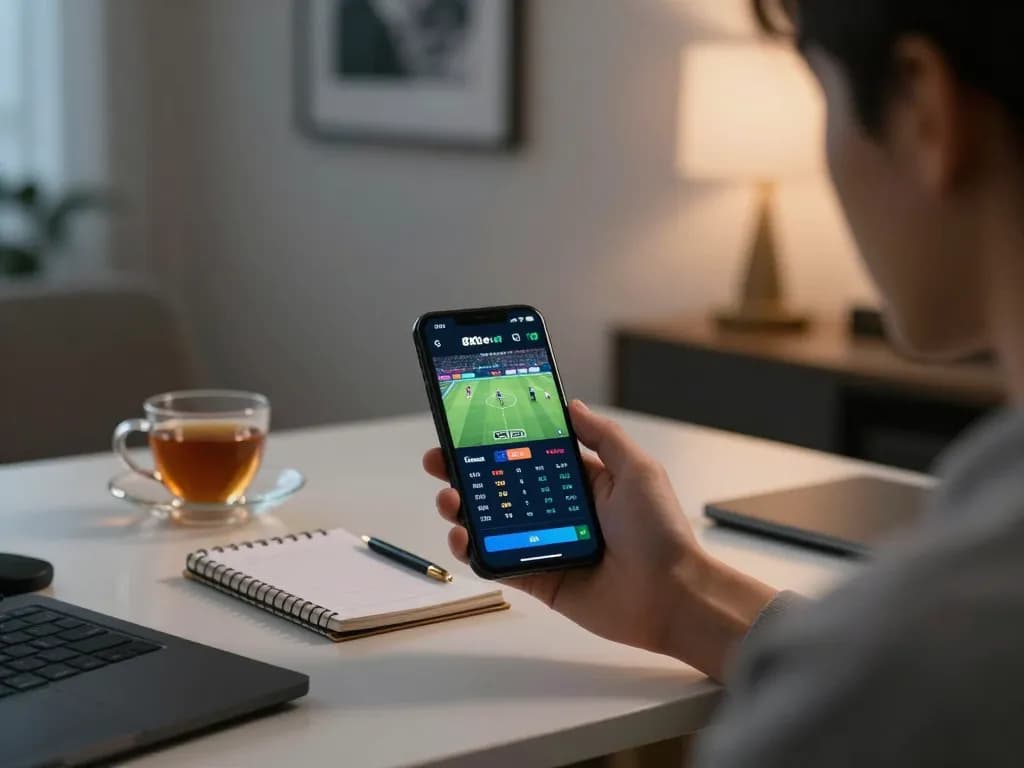 Engaging in sports betting at nhà cái 8xbet using smartphone in a modern living space