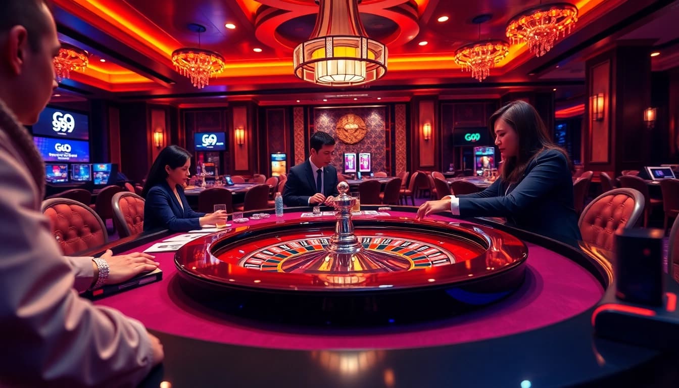 Players enjoying Go 99 casino games at a vibrant roulette table in an upscale environment.