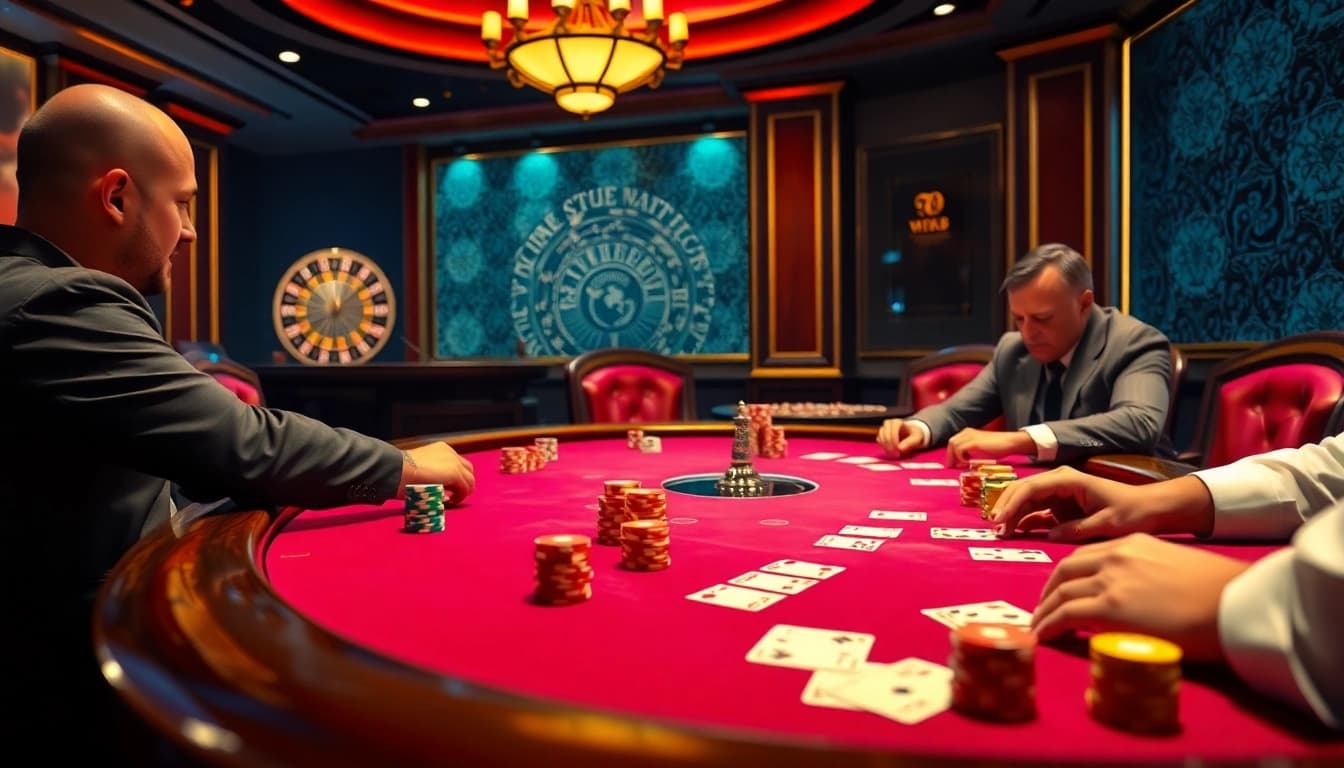 Players enjoy MK8-themed poker at a luxurious casino table filled with colorful chips and cards.
