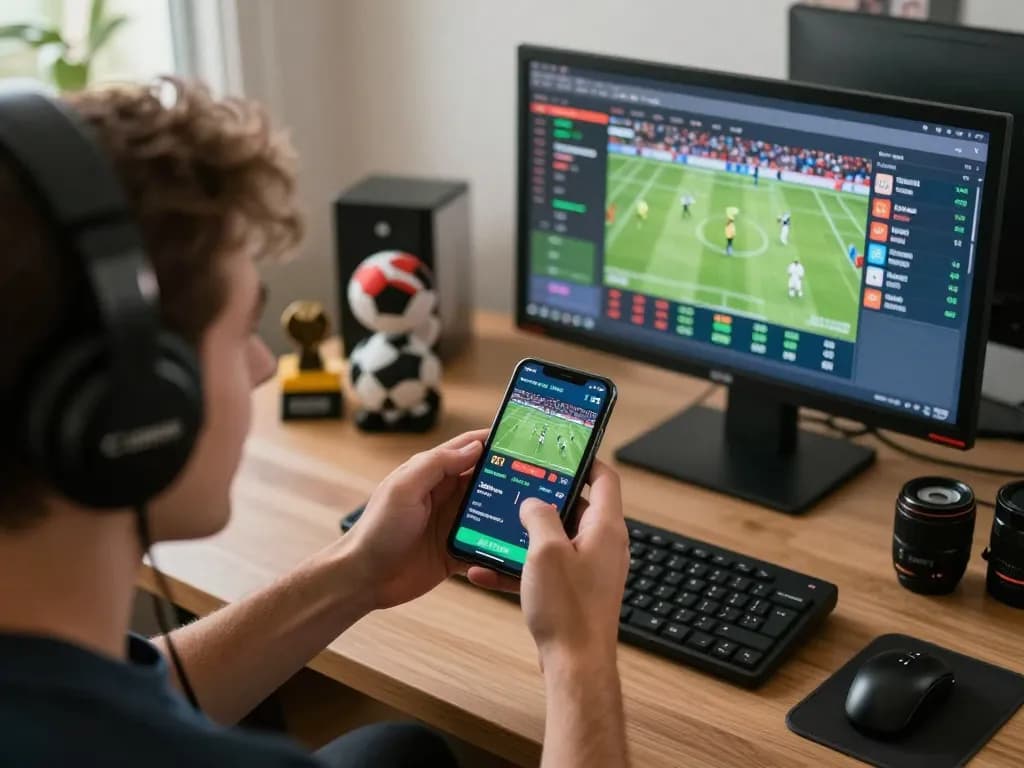Soi kèo excitement as a bettor uses a sports app to place strategic bets on live matches.