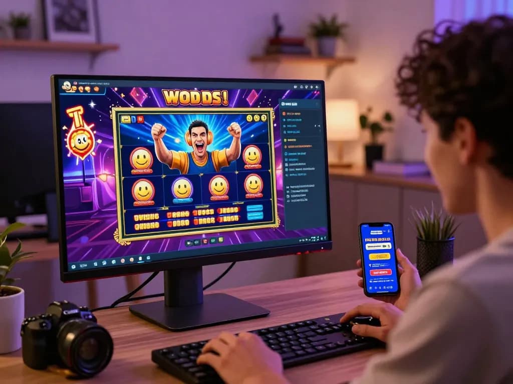 Pemain merayakan kemenangan saat bermain situs slot di antarmuka kasino online yang berwarna-warni