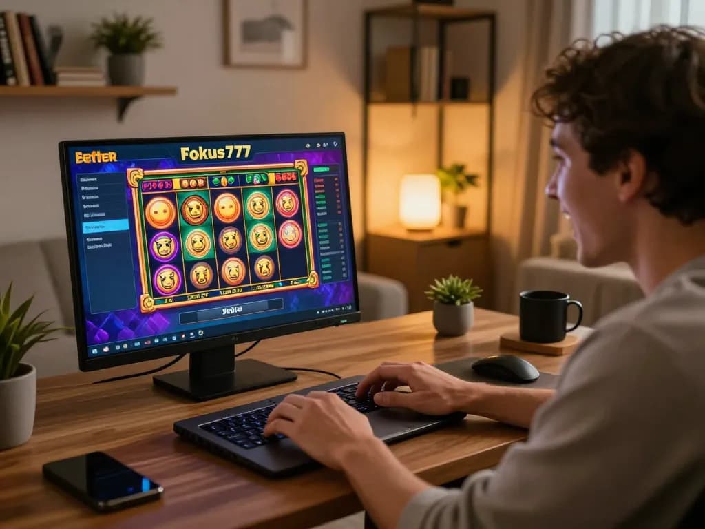 Excited player engaging in Fokus777 login on laptop, enjoying an online slot game with vibrant reels.
